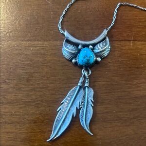Sterling Silver Authentic Turquoise Feather Pendant - marked Necklace